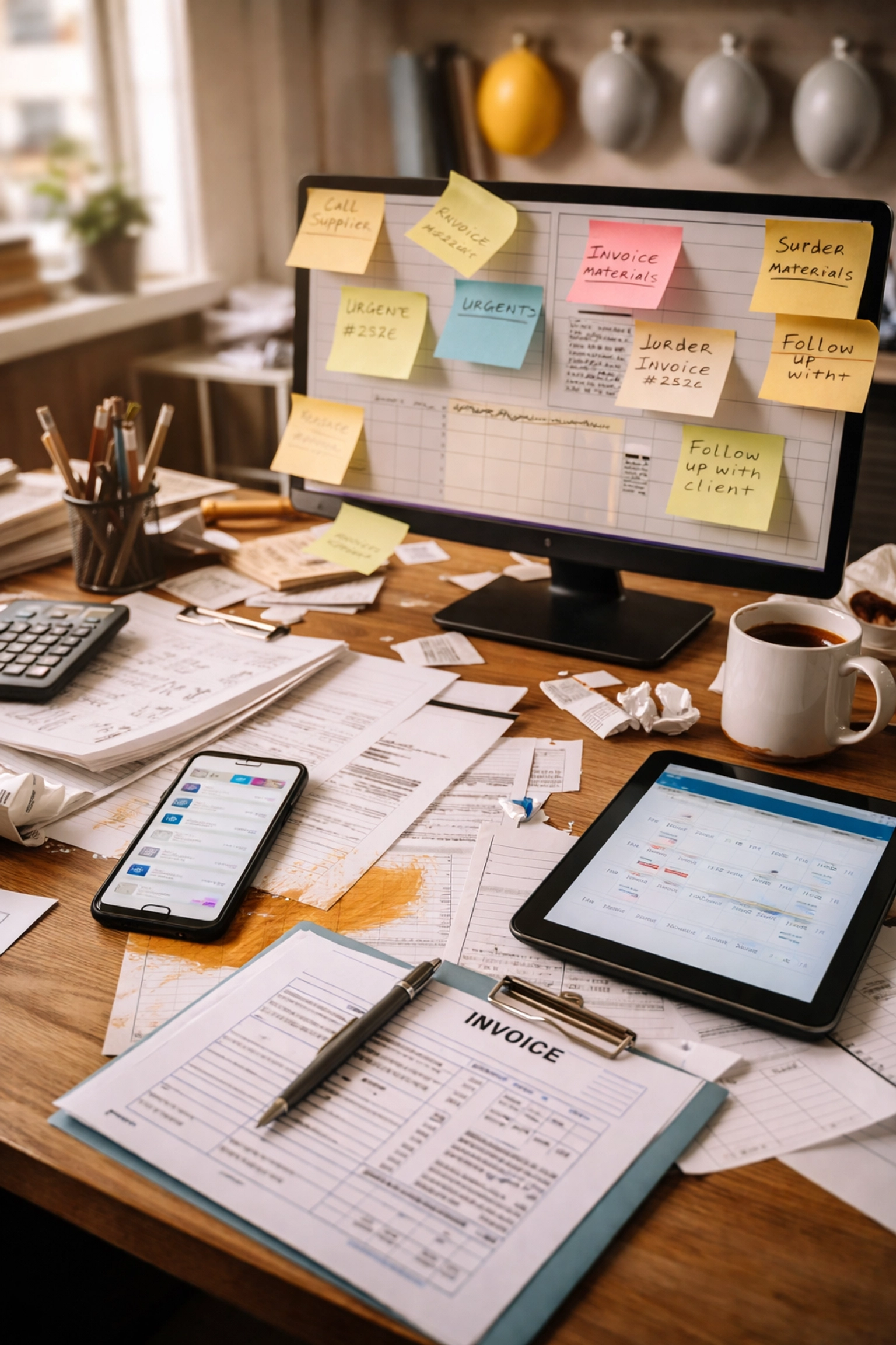 A contractor's cluttered desk with scattered notes and devices, highlighting the need for unified contractor workflow systems.