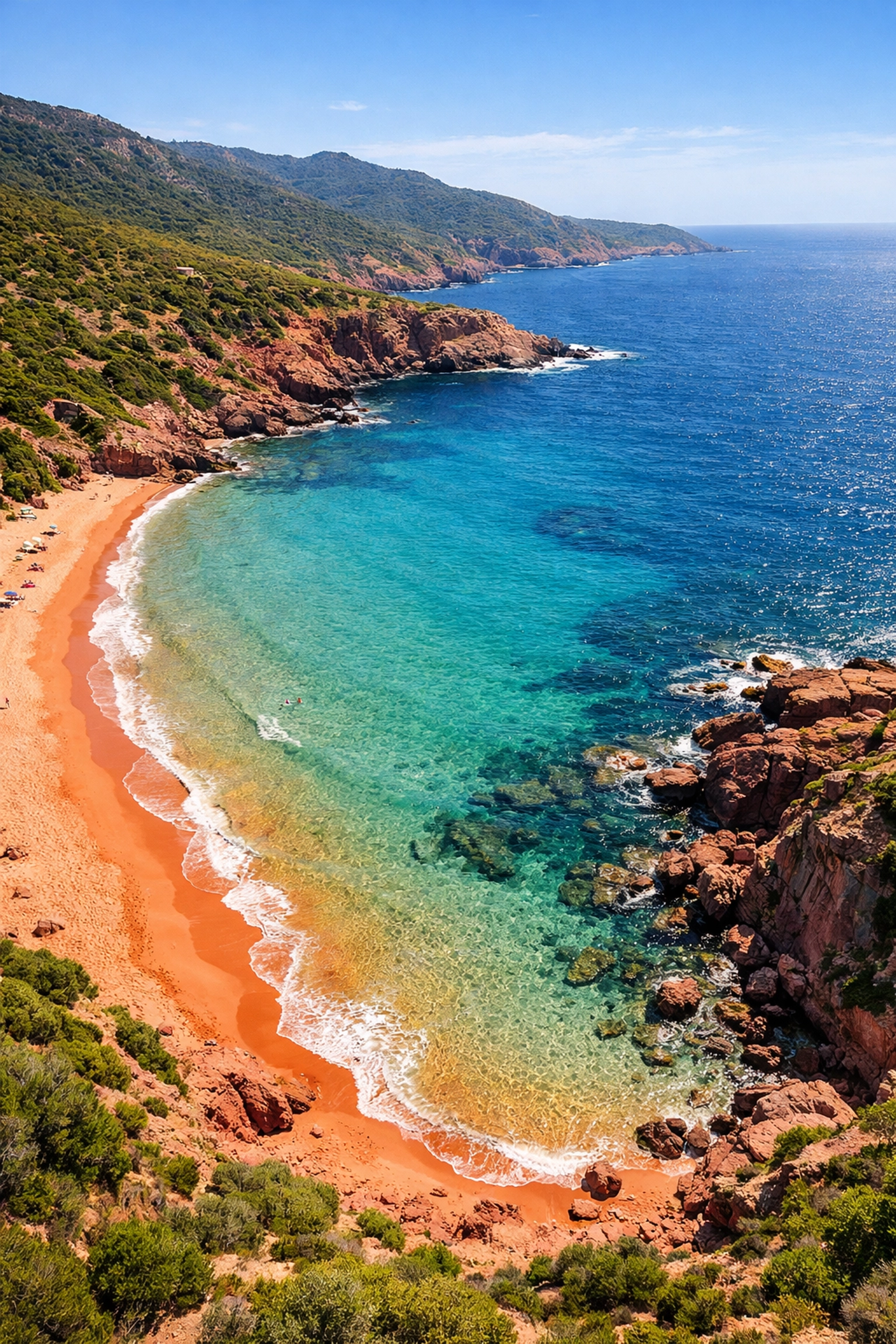 Porto Ferro naturist beach Sardinia with red sand and sapphire Mediterranean waters aerial view