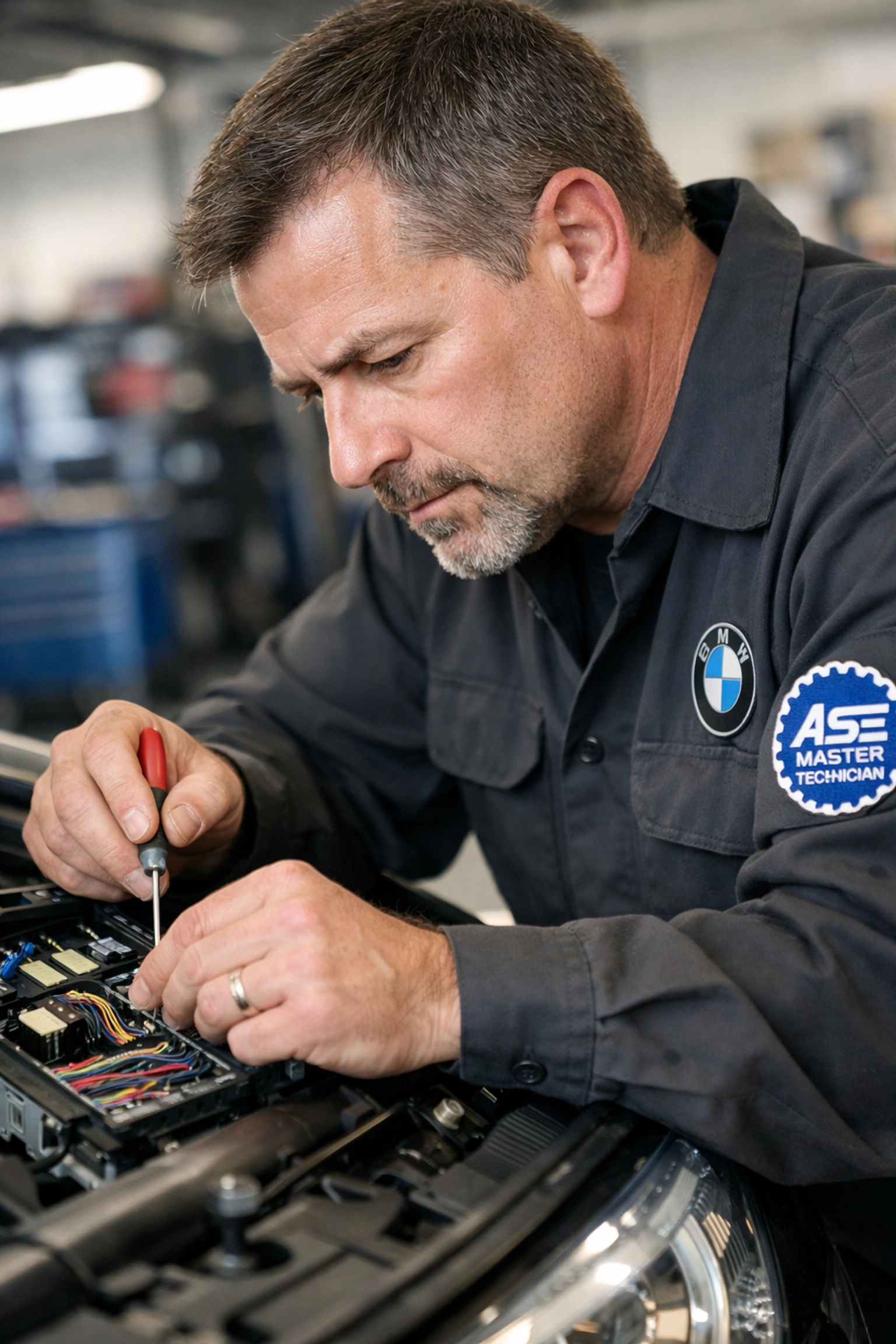 ASE-certified technician performing precision BMW electronics repair in a modern Santa Cruz shop.