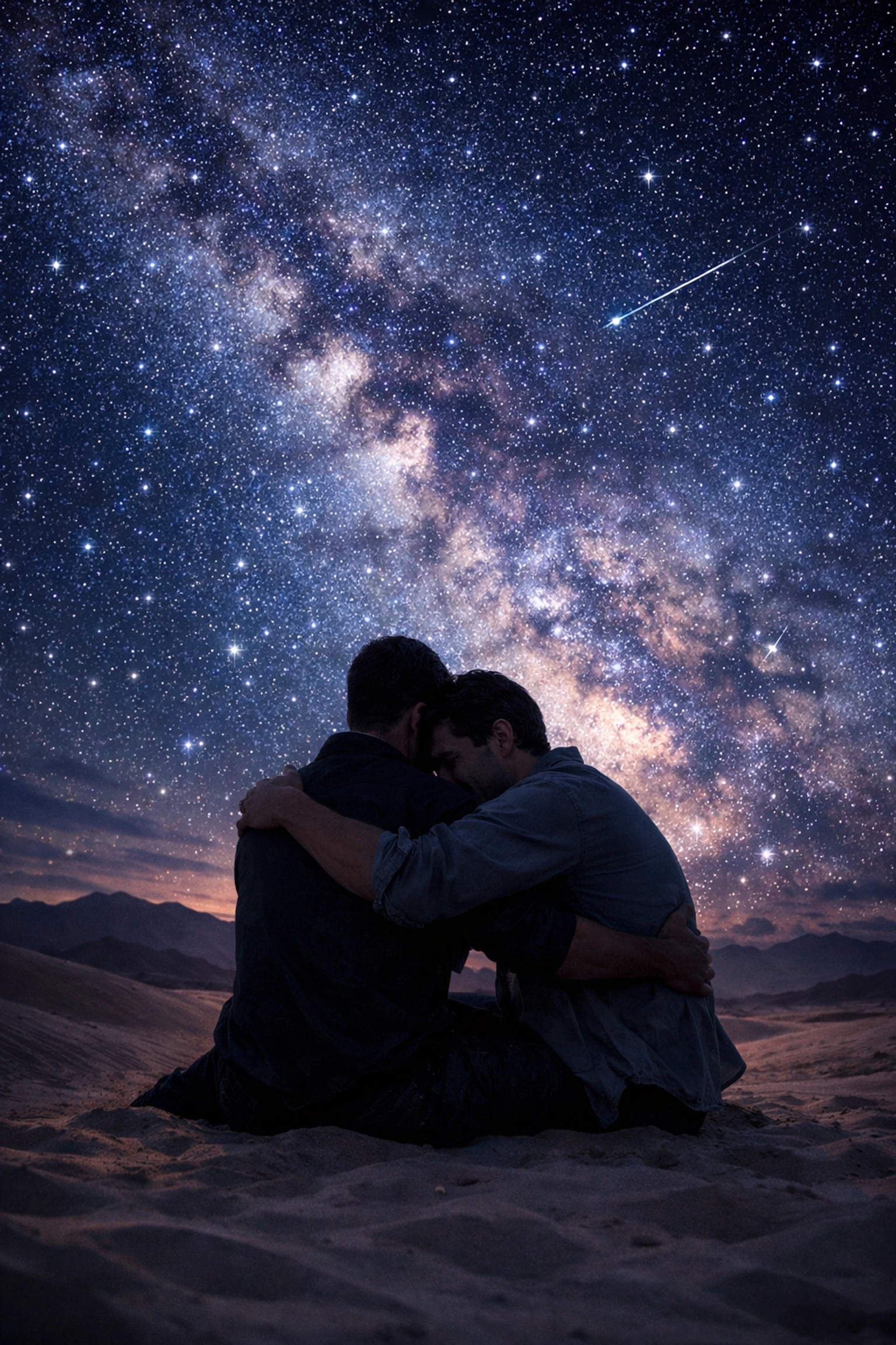 Two men embracing under the stars in the desert - forbidden gay love story