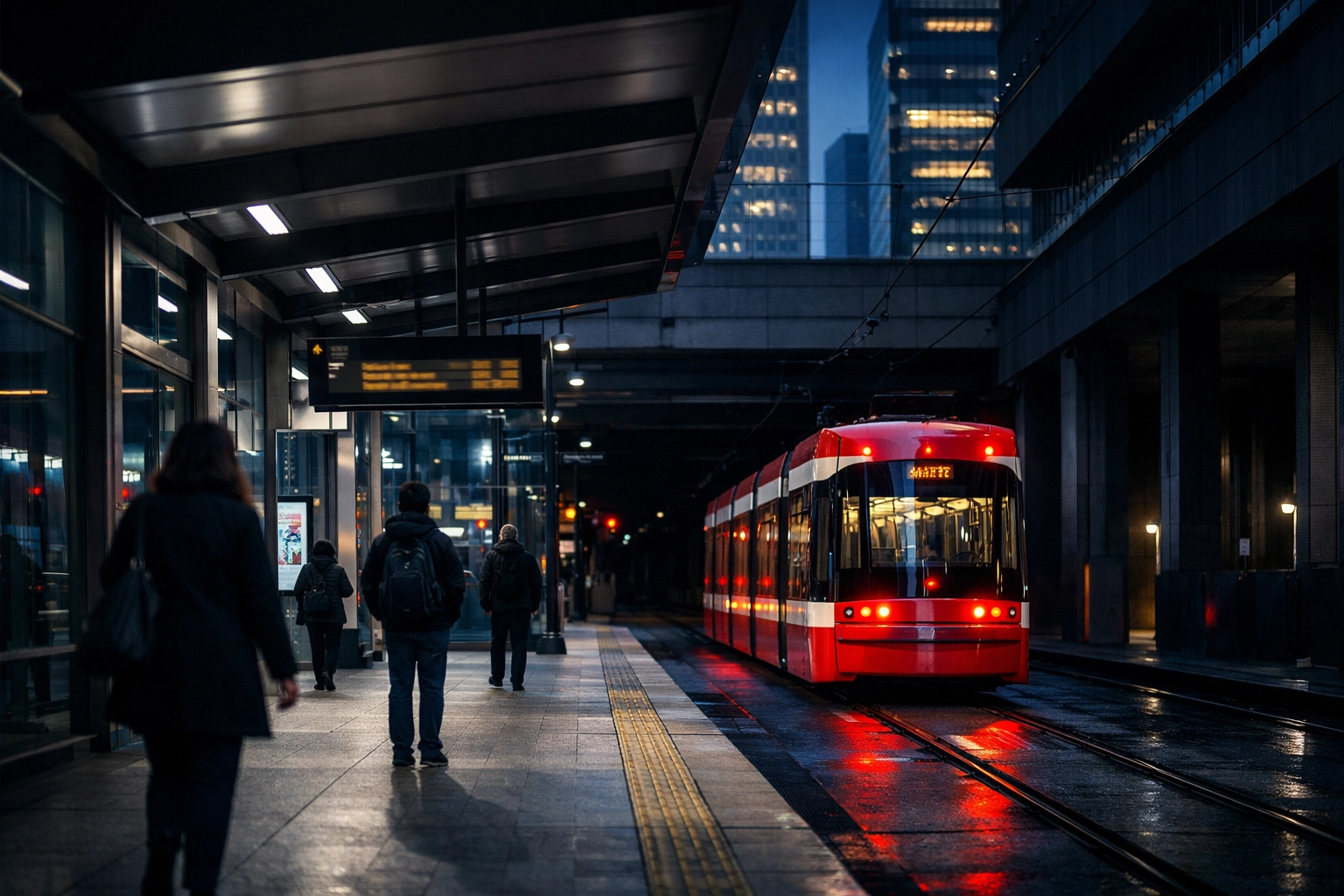 A quiet Toronto transit platform at dusk, reflecting Canada's shift toward infrastructure stabilization.