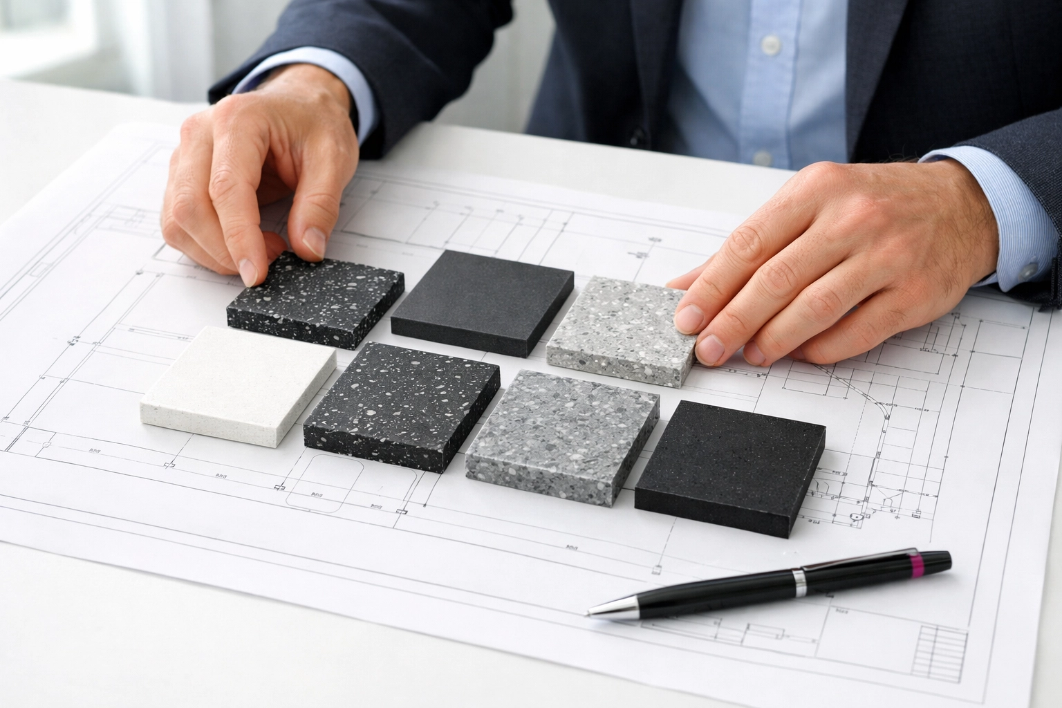 Planning sustainable building projects using recycled plastic material samples and architectural blueprints.