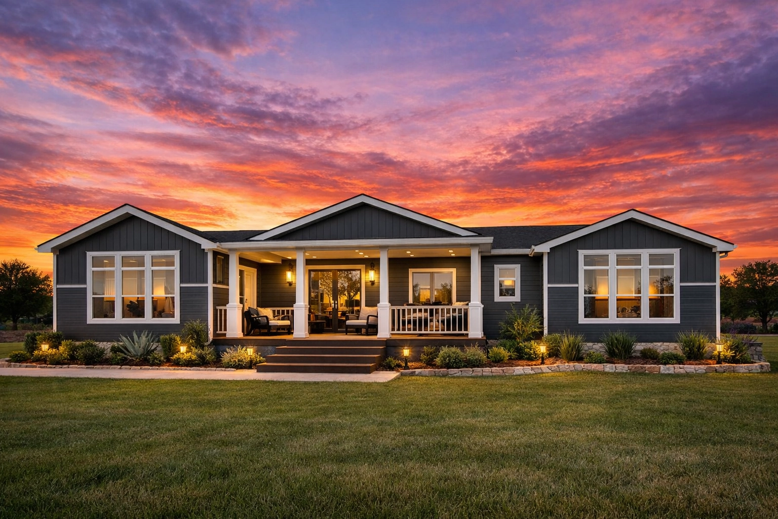 Exterior of a modern multi-section manufactured home in Crosby, Texas featuring a stylish porch and landscaping.