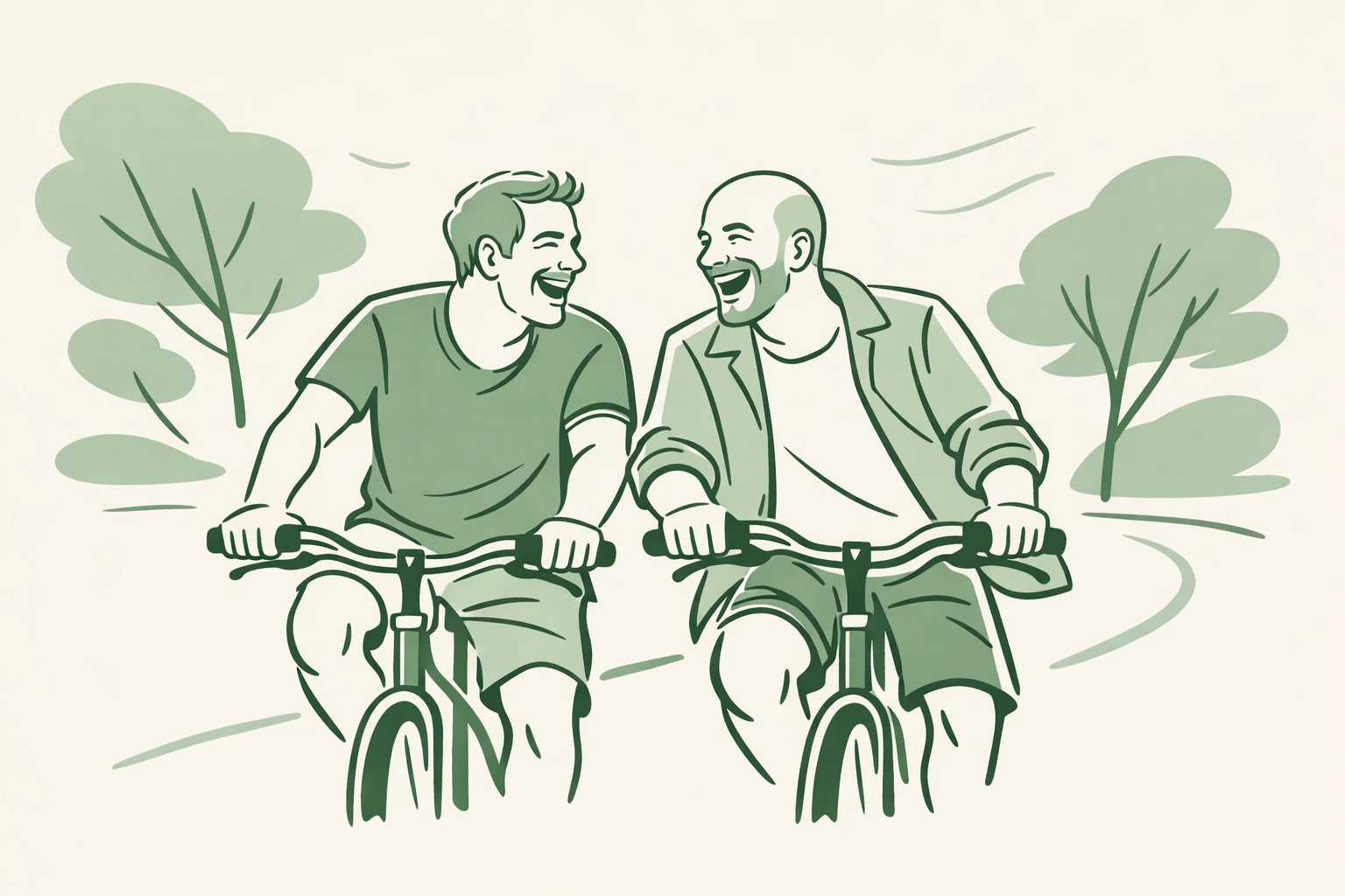 Two older gay men cycling together, capturing the joyful second adolescence of living authentically.