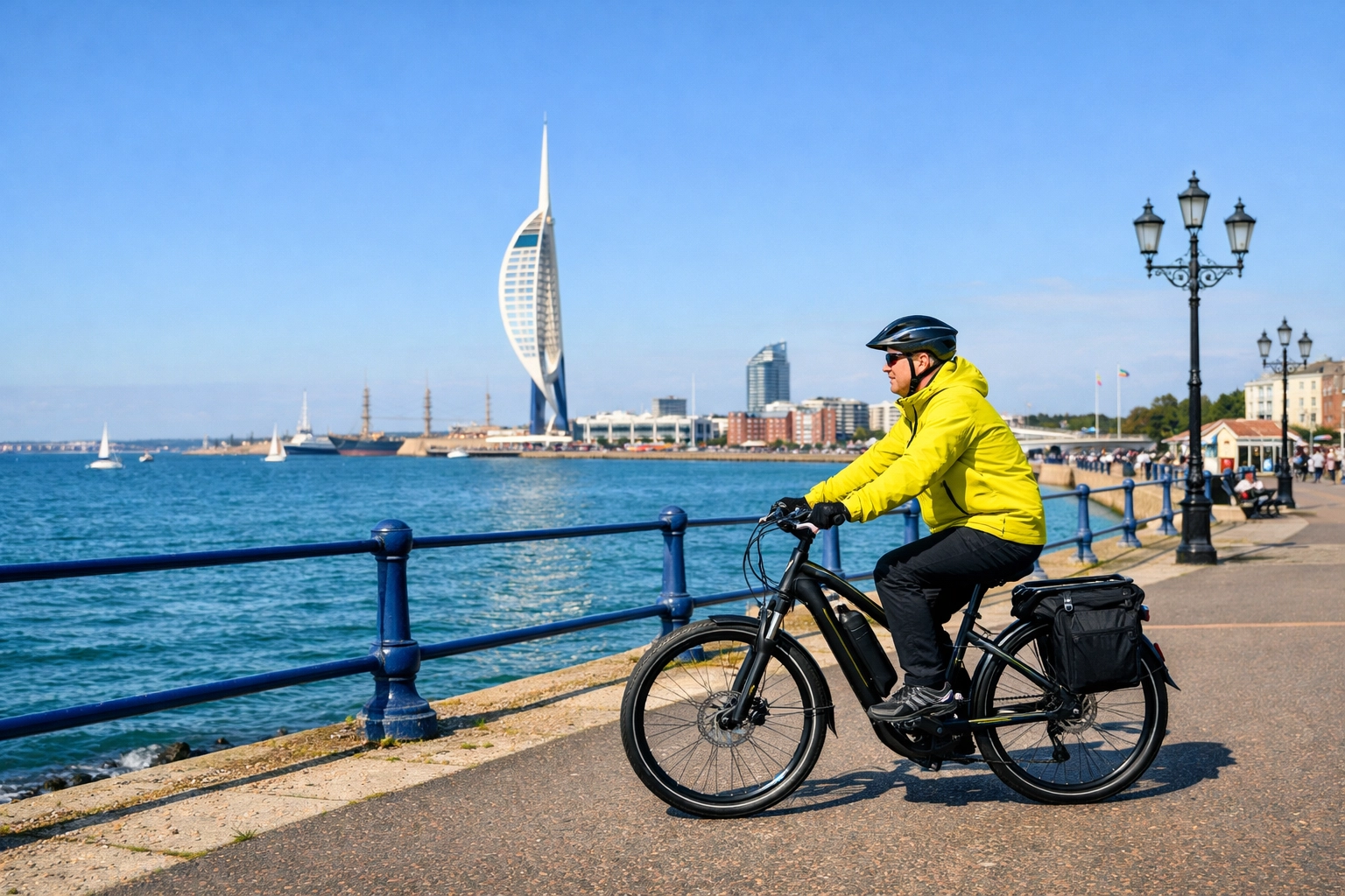 A cyclist riding a legal e-bike on the Southsea promenade in Portsmouth with the Spinnaker Tower background.
