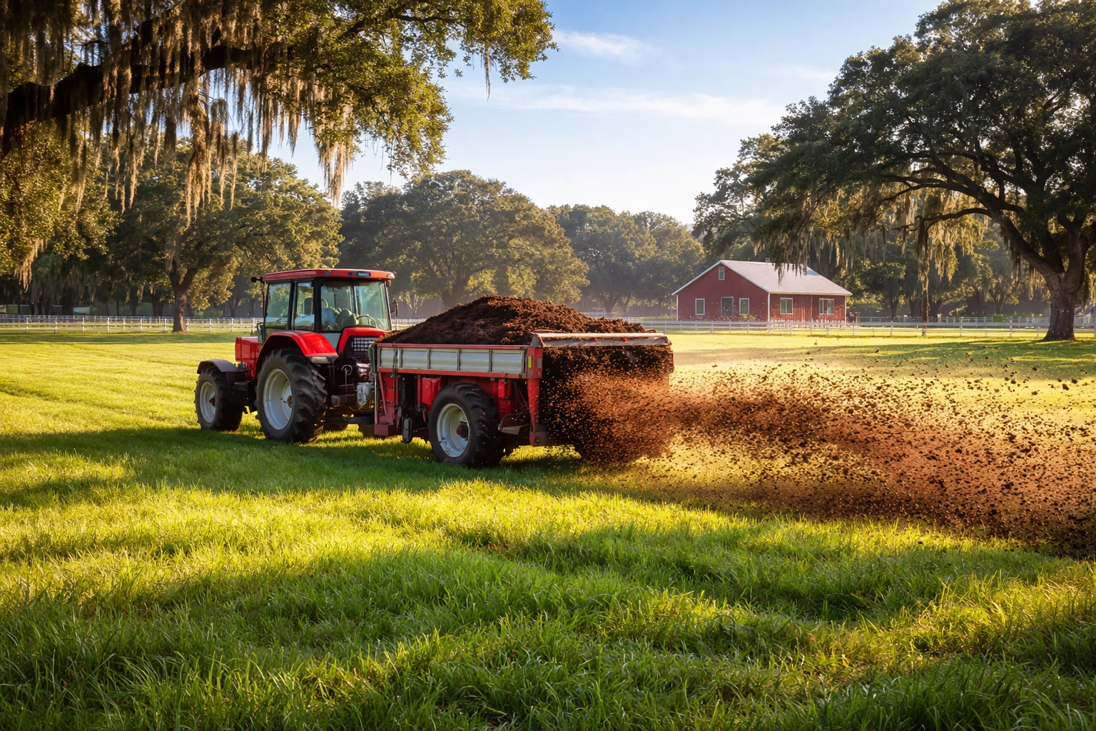 Red tractor with manure spreader fertilizing a green Florida horse pasture, ideal farm equipment for healthy pastures