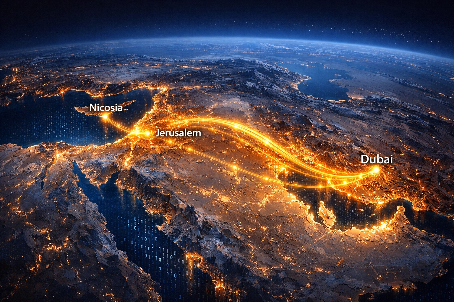 Digital map of Mediterranean and Gulf trade routes representing today's news and economic accords.