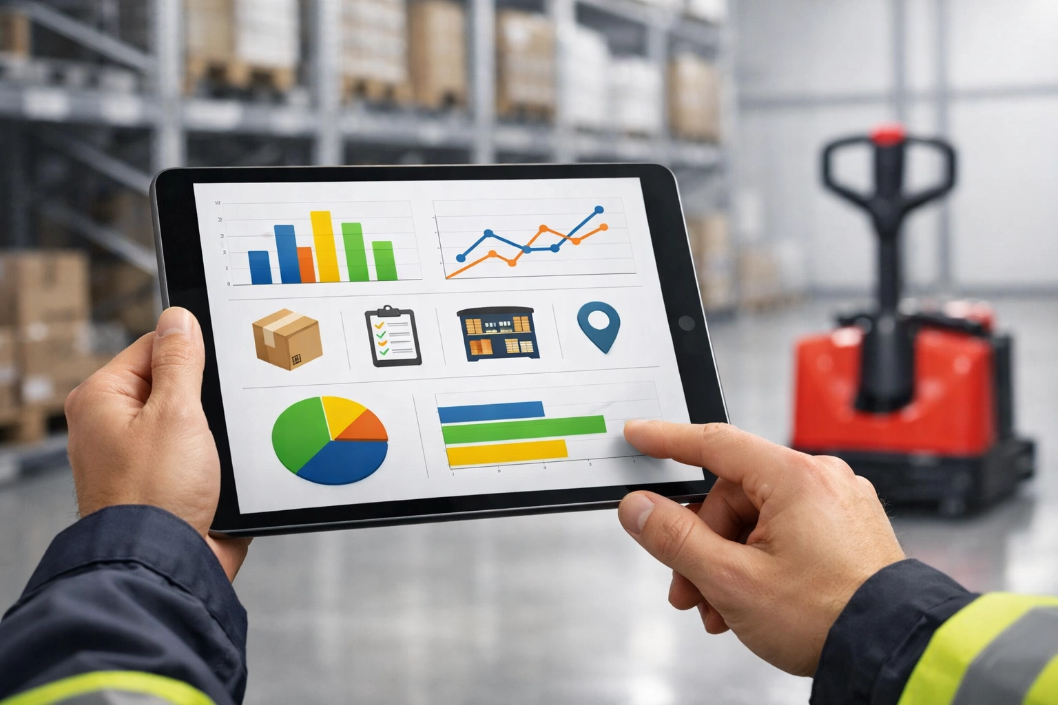 Logistics professional tracking real-time stock on a tablet in a modern Hertford storage facility.