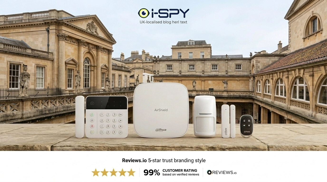 Bath burglar alarms with Dahua AirShield hardware, Bath backdrop, i-Spy CCTV branding and Reviews.io 5-star branding