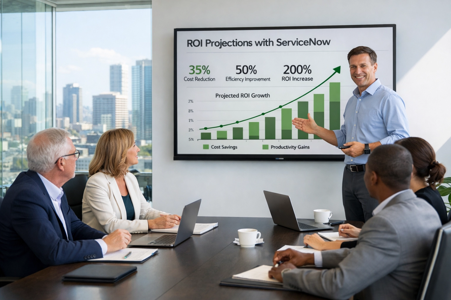 ServiceNow consulting partner presenting ROI projections to business executives in meeting
