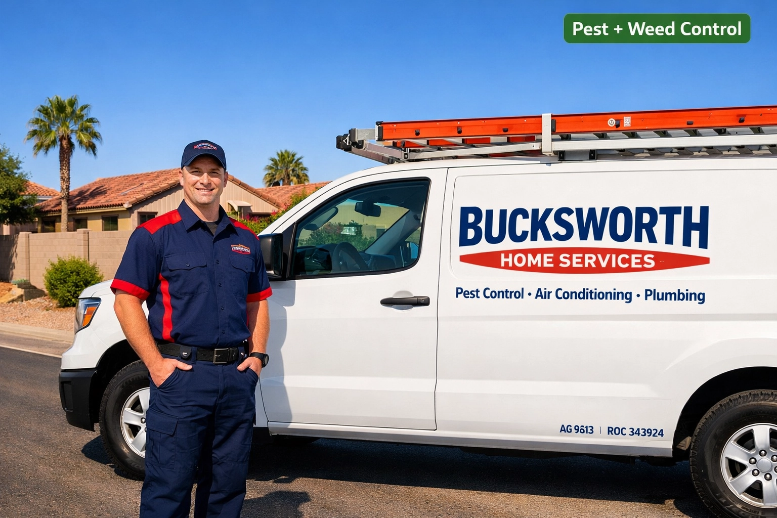 Bucksworth Home Services truck and professional technician arriving for pest and weed control in Sun Lakes, AZ.