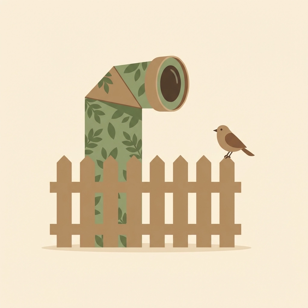Cardboard periscope with camouflage design peeking over a fence, perfect for nature watching in the backyard