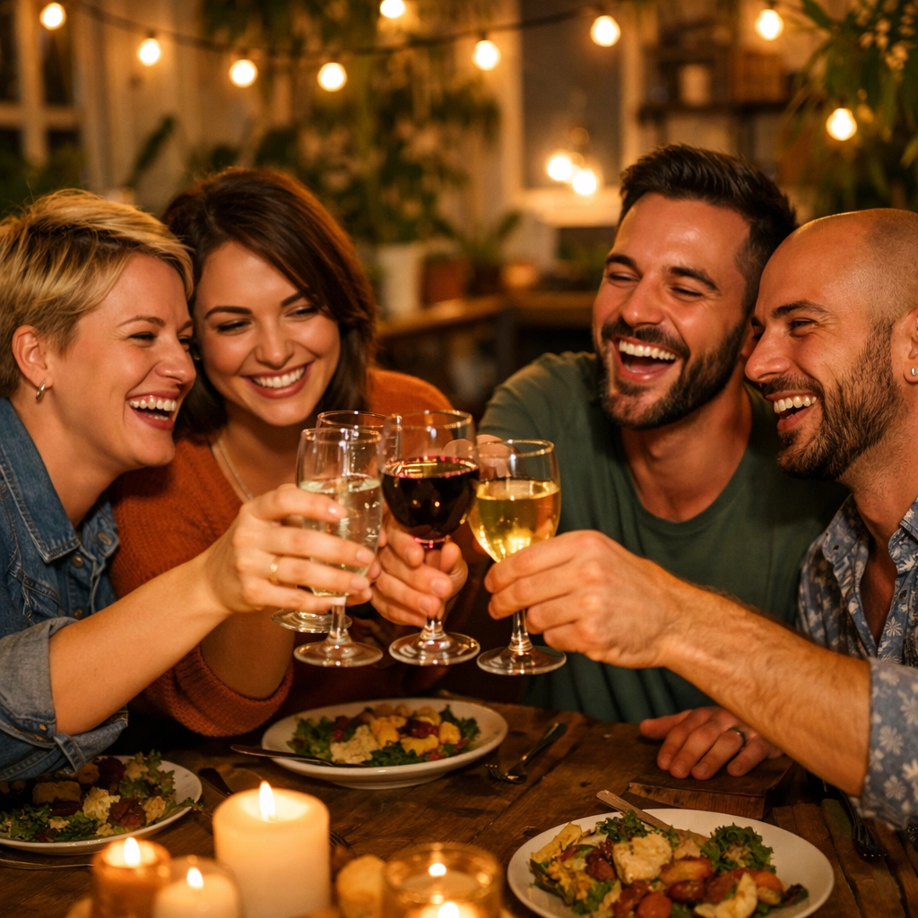 A diverse LGBTQ+ chosen family sharing a meal, celebrating community and non-traditional queer relationships.