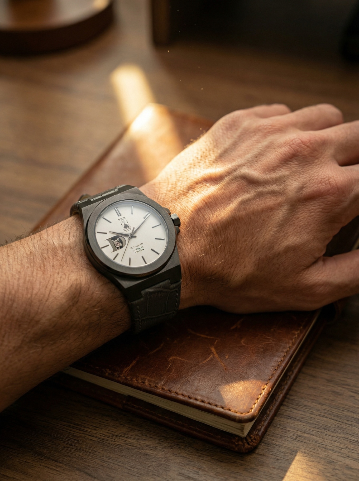 On-wrist Day & Night Watch Co. watch with a gold-tone brushed stainless steel case, sapphire crystal, deep red sunburst dial, gold indices, and a matching red leather strap—built for discipline, worn with intention.