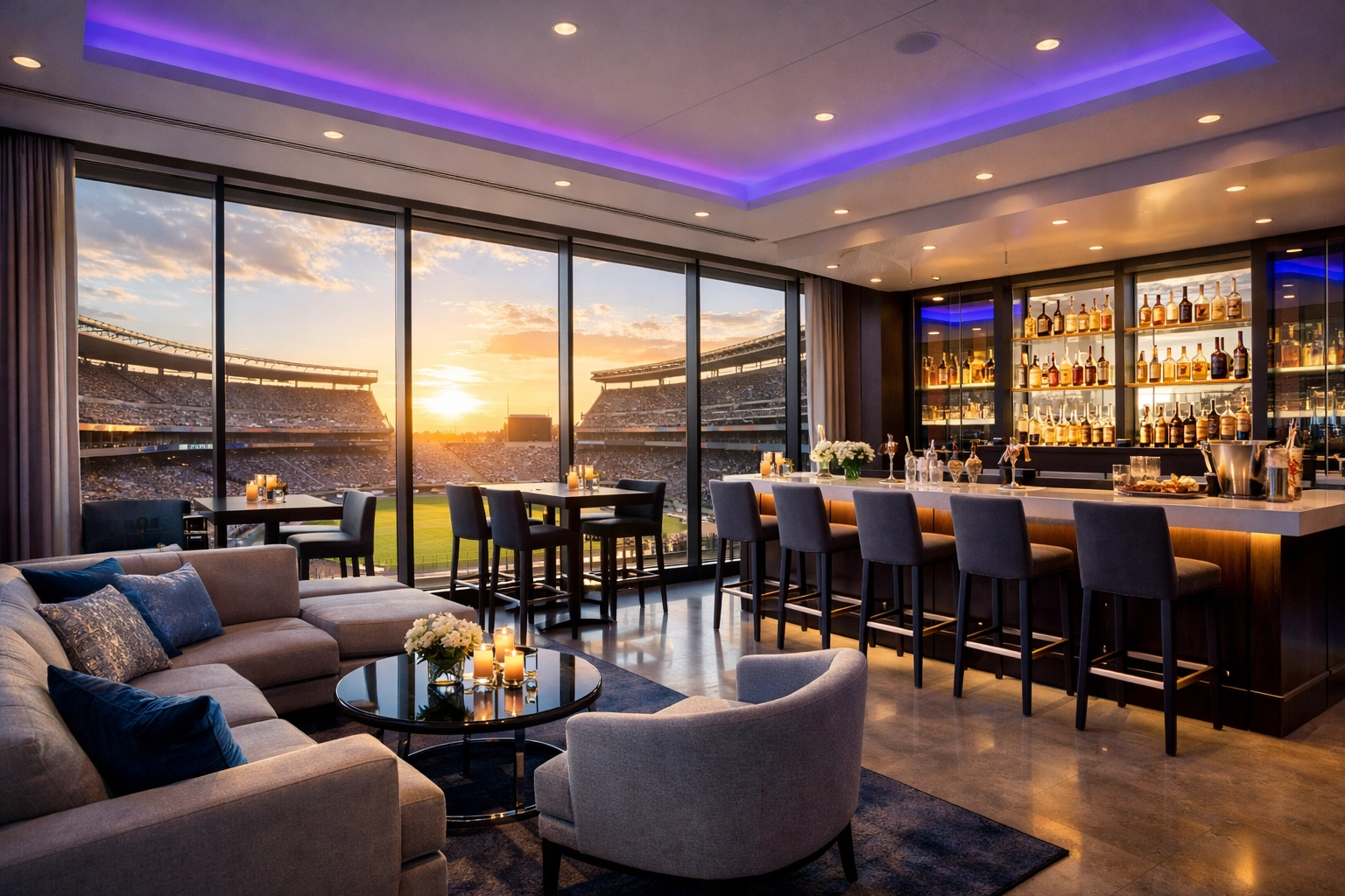 Premium corporate hospitality suite overlooking stadium for Super Bowl VIP entertainment