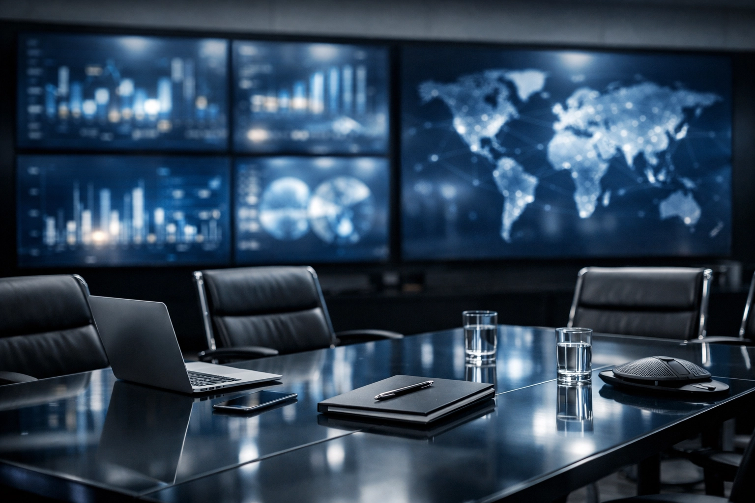 Corporate media center with data screens representing Dakdan's strategic intelligence and brand scaling.