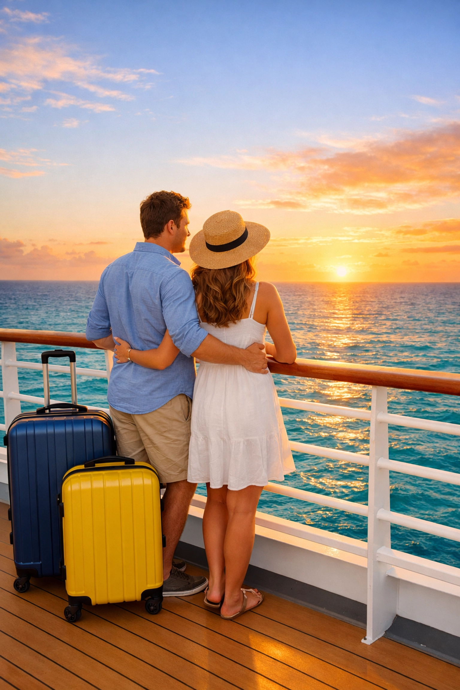 Couple boarding cruise ship on embarkation day with luggage for first vacation at sea