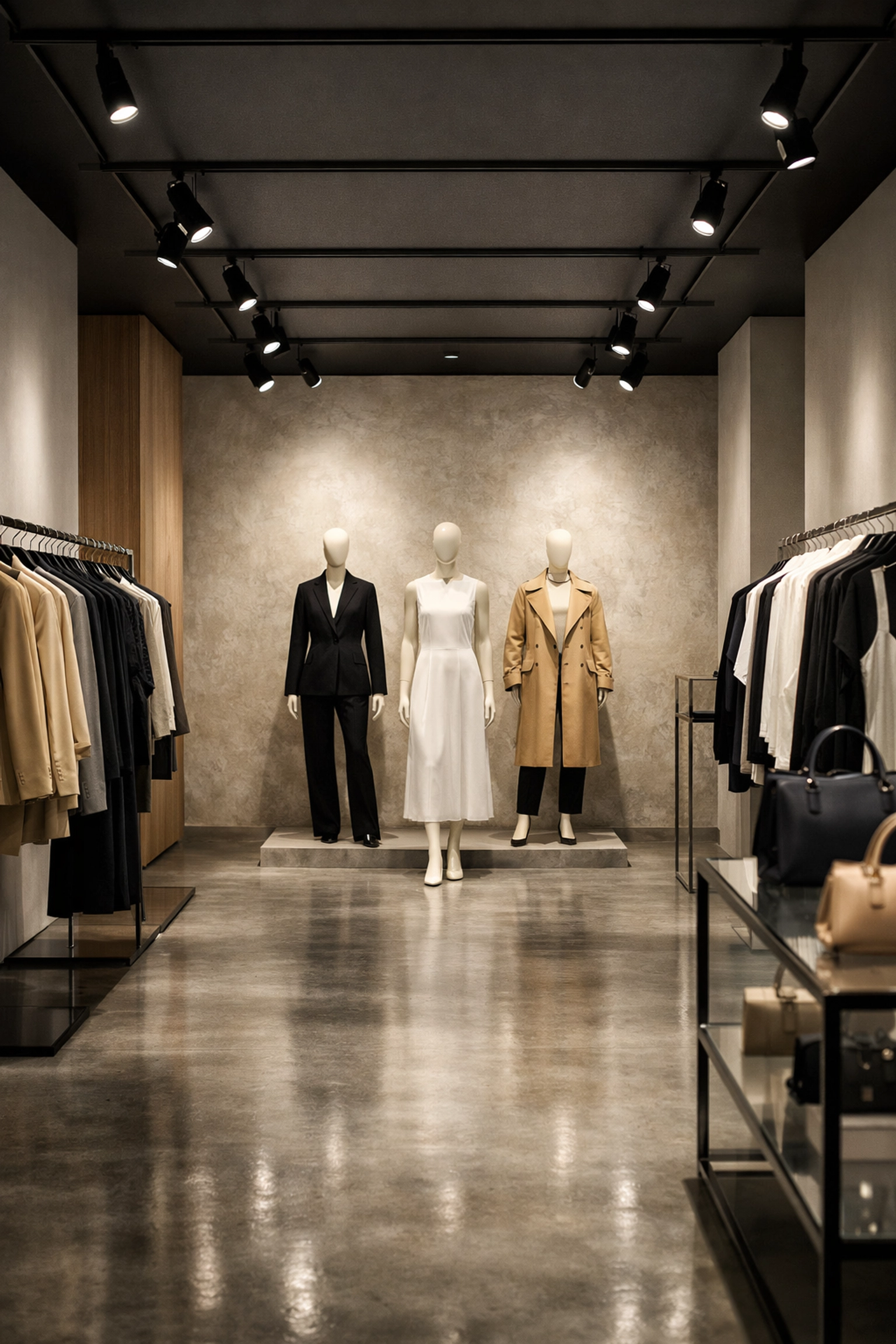 Luxury retail shop using black LED track lights and wall-washers to highlight displays.