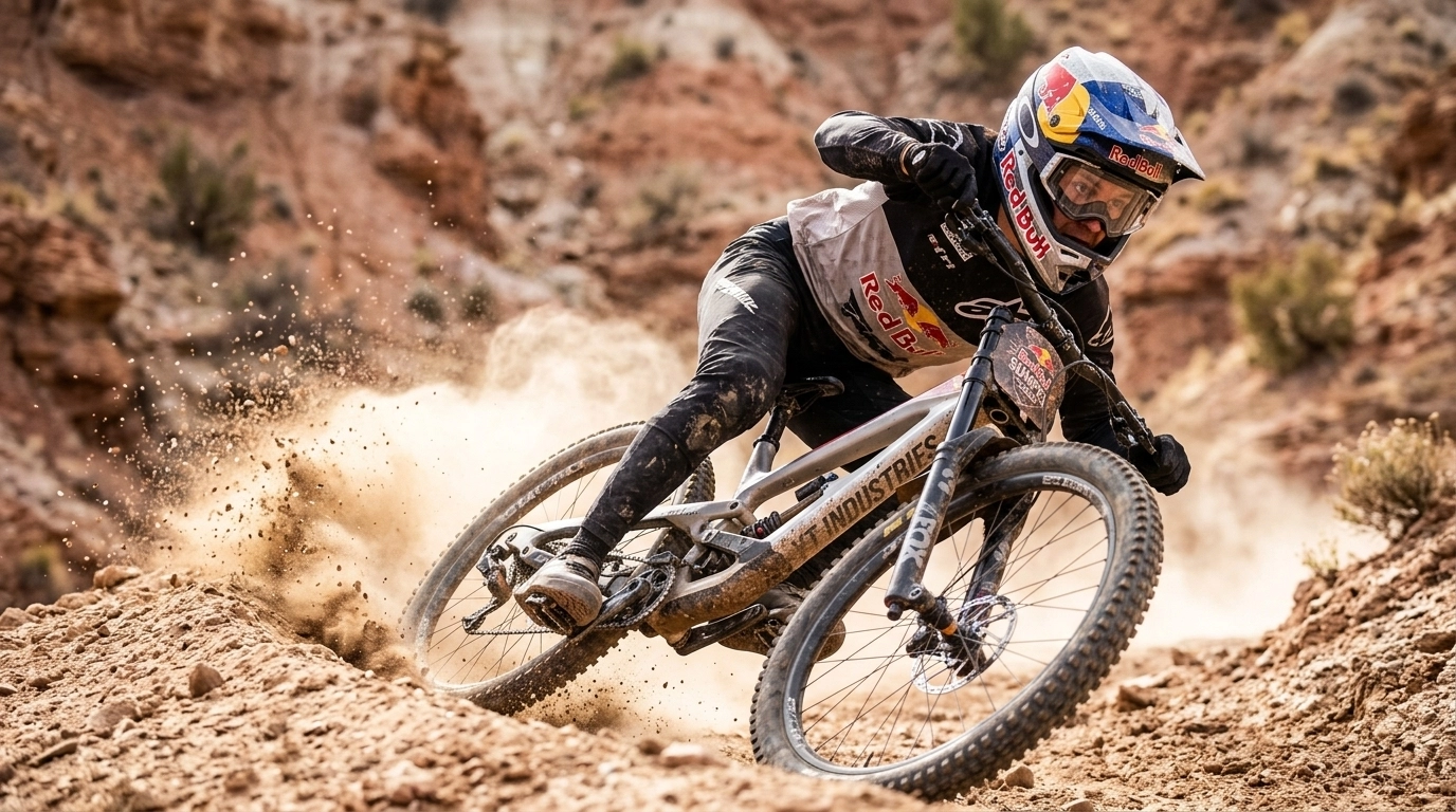 A low-angle action shot of a mountain biker carving through a dusty turn, with dirt spraying from the tires and intense focus in the rider's eyes.