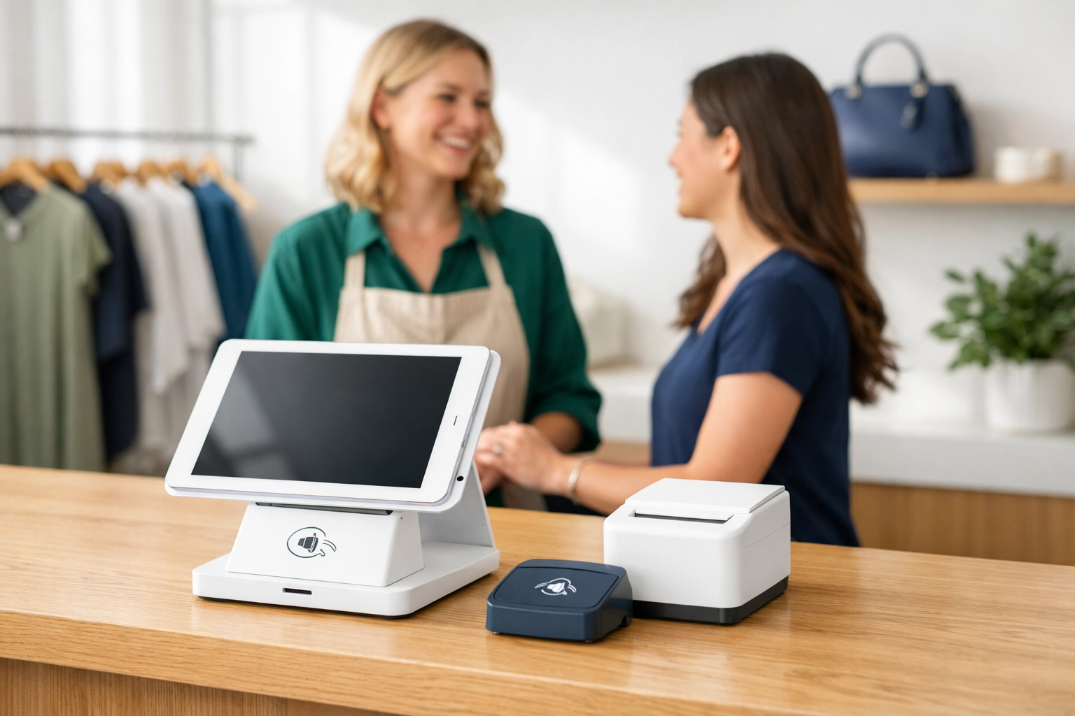 Secure modern payment terminal on a boutique counter, showing safe credit card processing for small business.