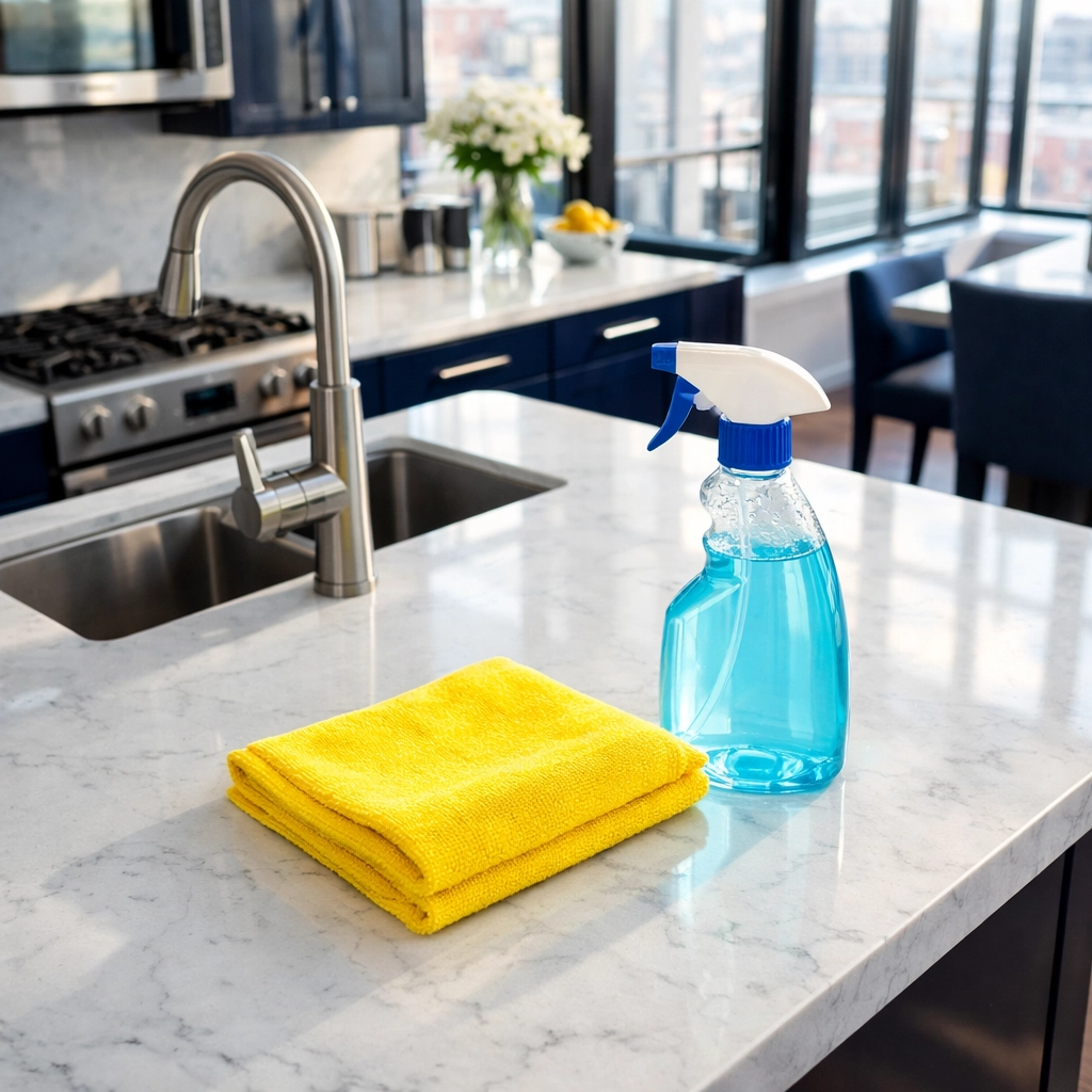 Clean modern kitchen with marble counters and appliances after professional move-out cleaning Worcester.