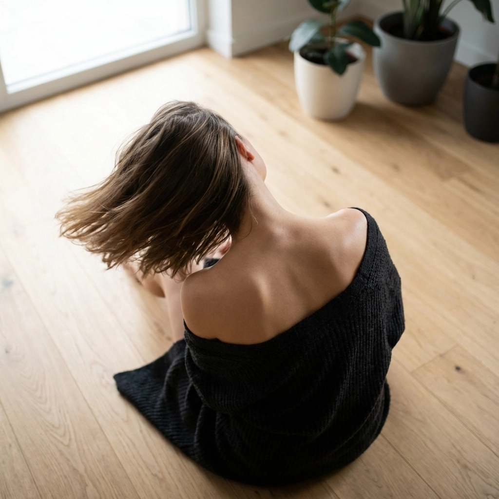 High-angle fine art nude photograph of a seated woman, highlighting the elegant curves of her neck and shoulders.