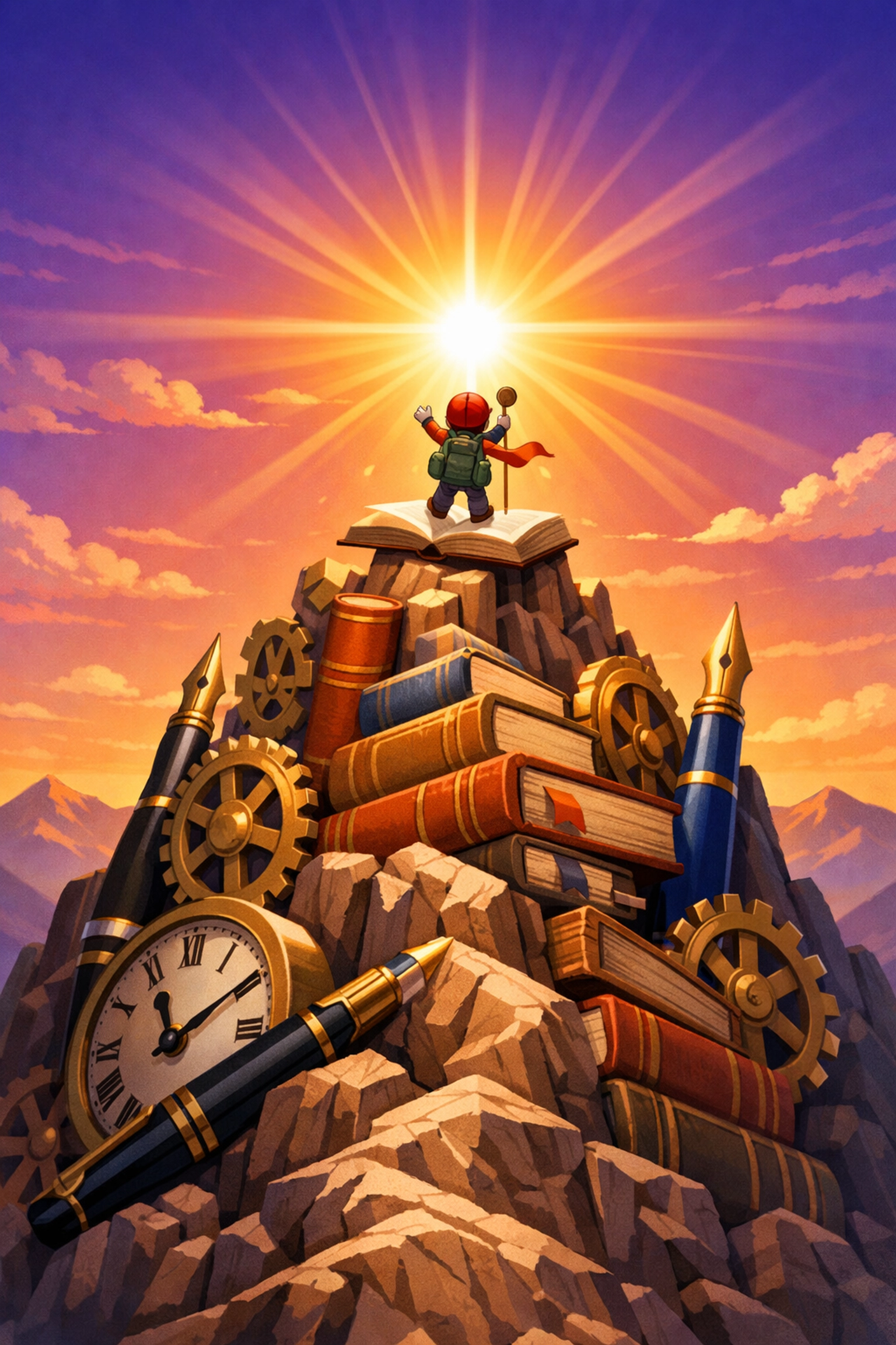 Illustration of a climber on a mountain of books representing success through deep work focus.