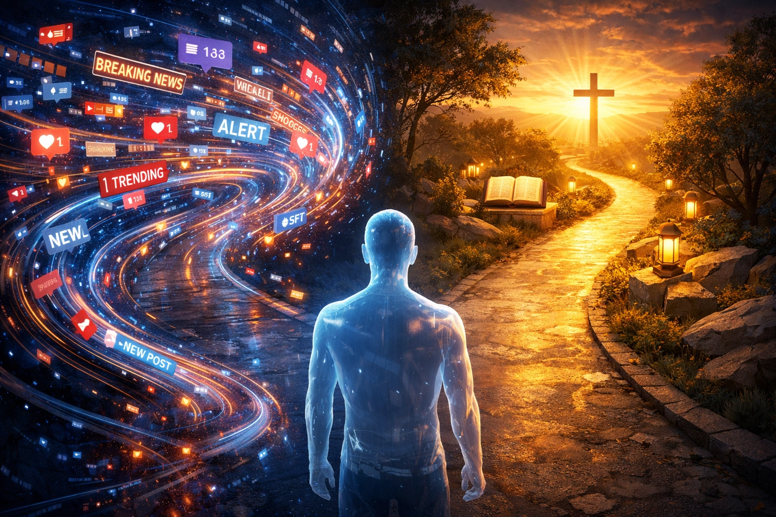 Person choosing between consuming news reactively or through biblical discernment