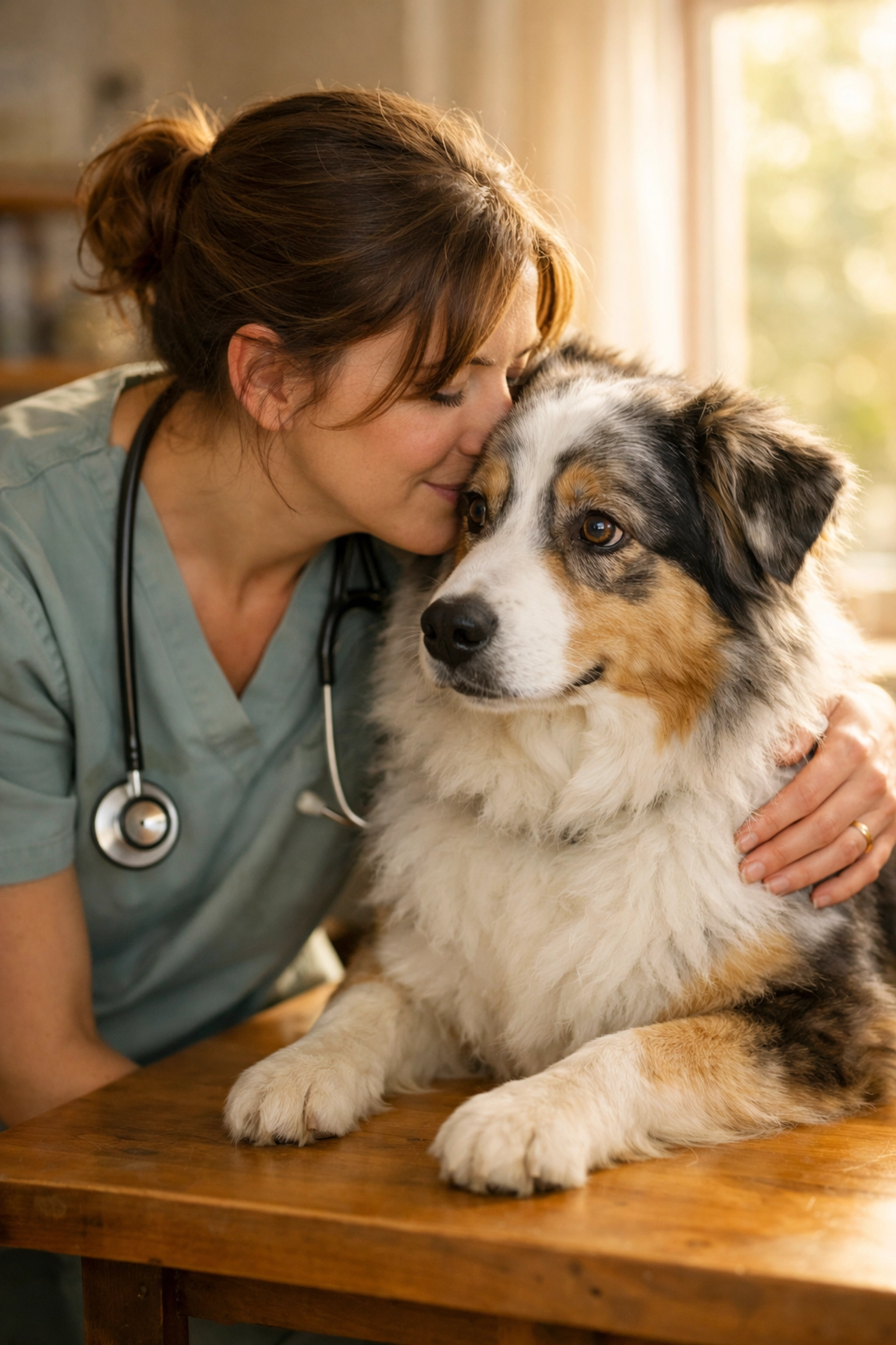 A compassionate veterinarian comforting an Australian Shepherd during a dog lymphoma diagnosis.