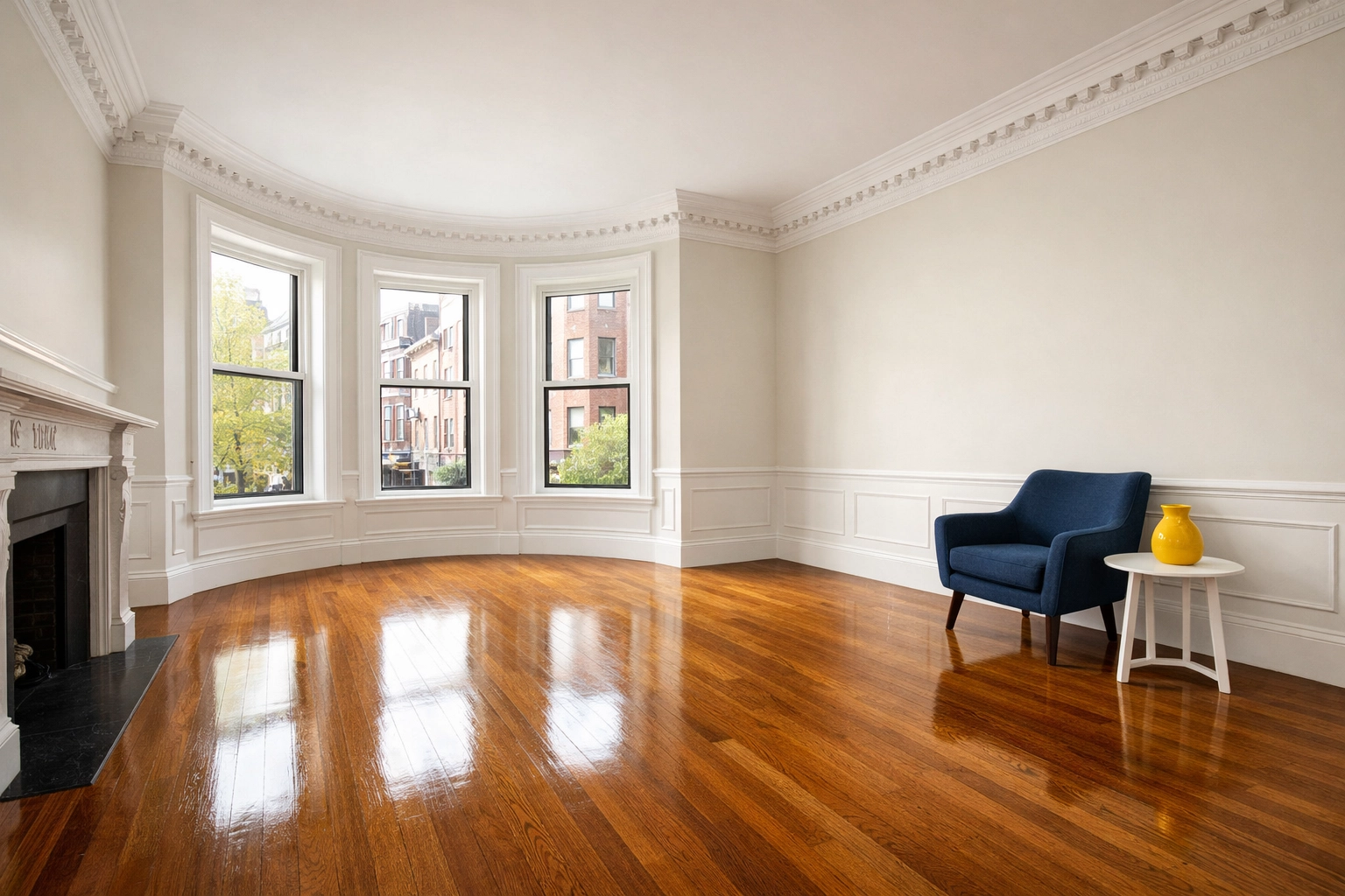 Bright, vacant Boston brownstone living room with polished floors ready for a professional apartment turnover.