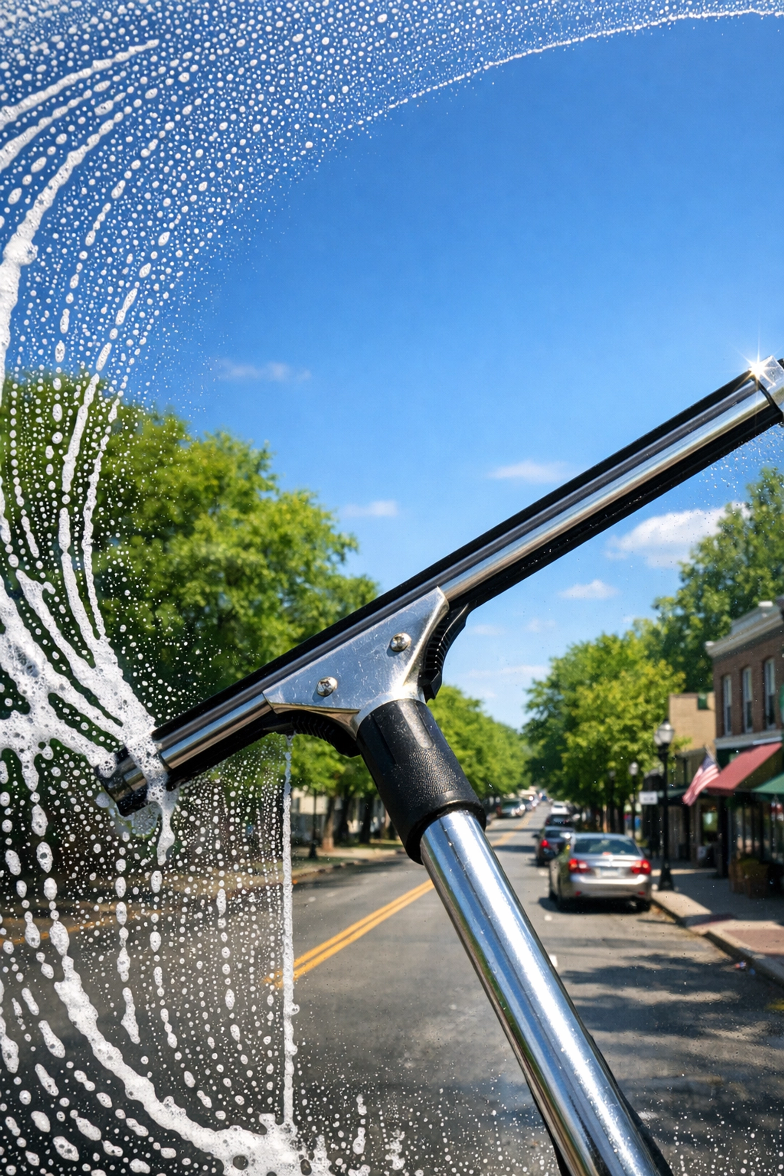 Professional window cleaning in Westchester NY showing a streak-free squeegee finish on office glass.