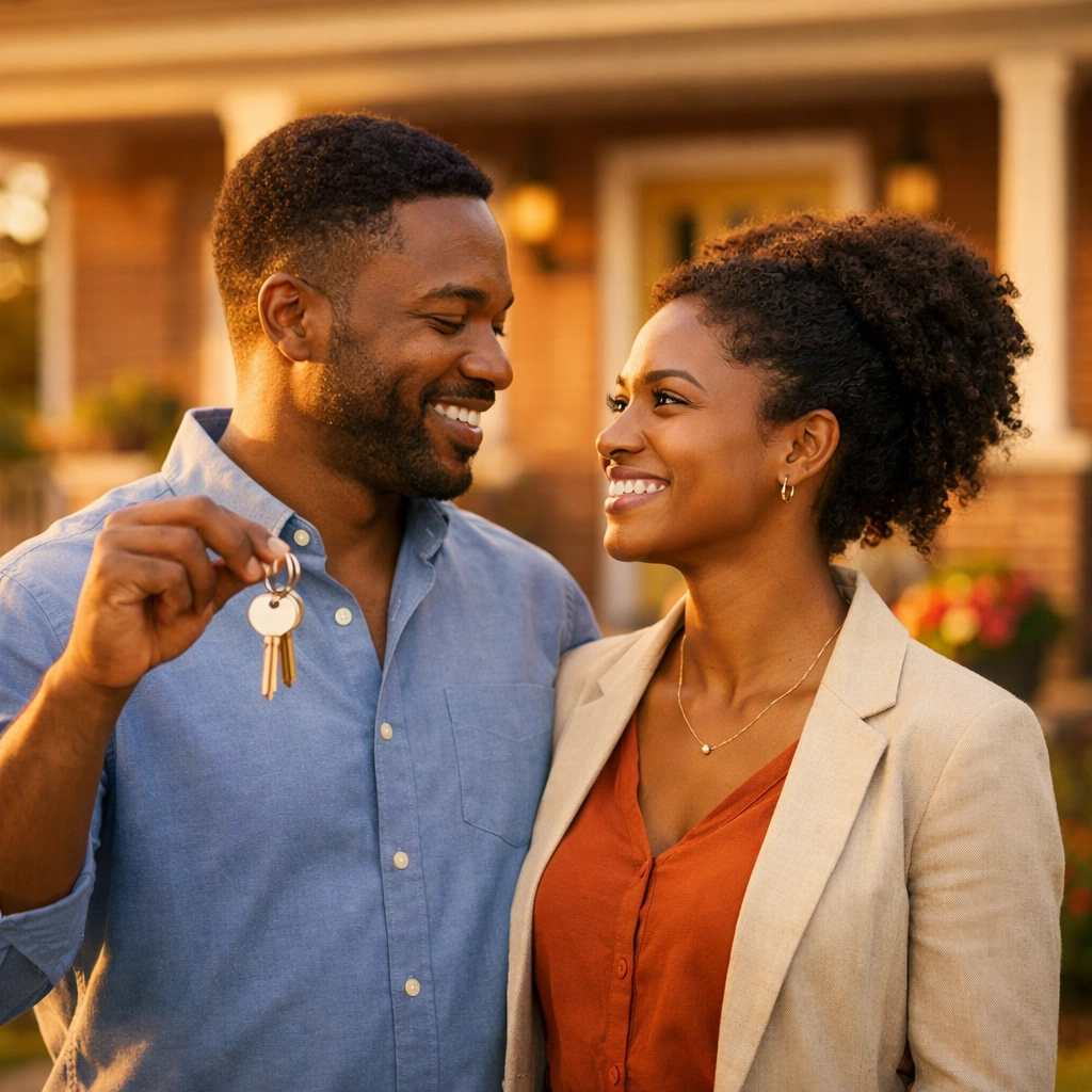 Happy couple holding house keys after improving credit to buy their first home