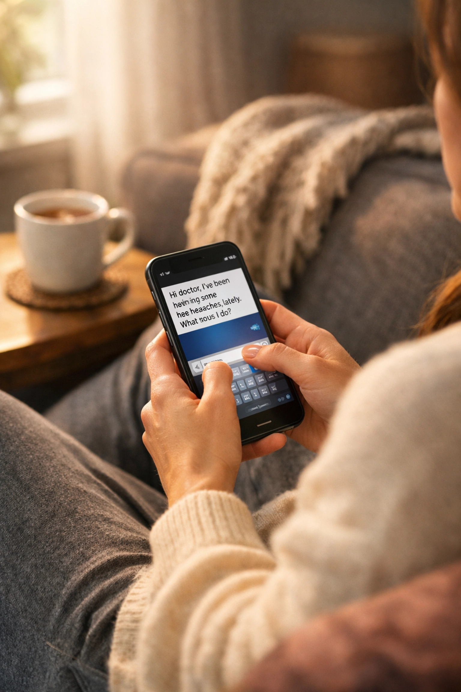 Woman texting with doctor from home for discreet online sexual health consultation