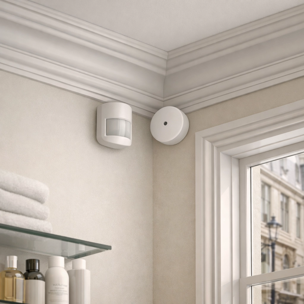 Discreet PIR motion sensor and glass break detector installed in a high-end Bath retail boutique.
