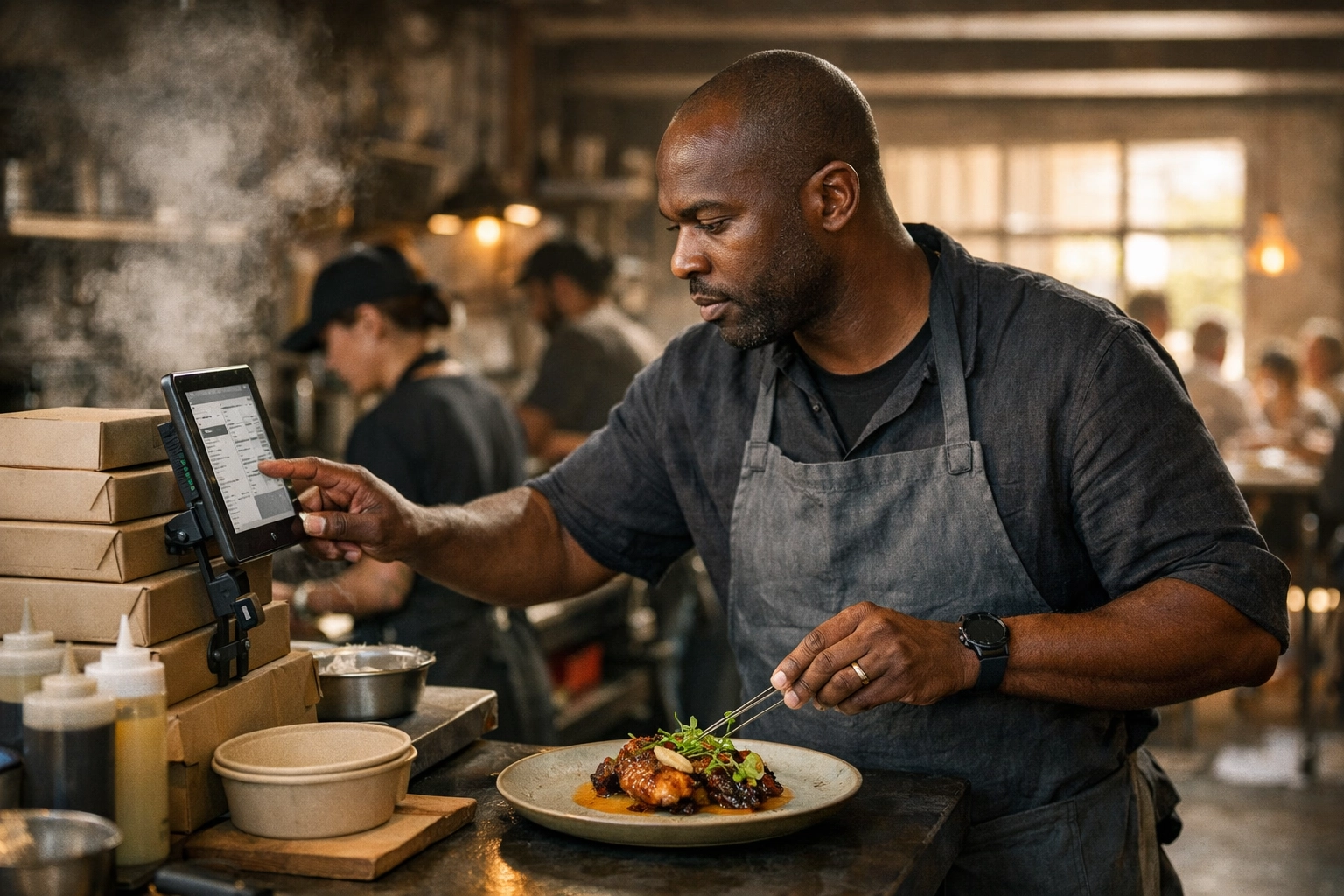 Oakland chef managing an unbundled restaurant workflow with tablets and delivery to improve prime costs.