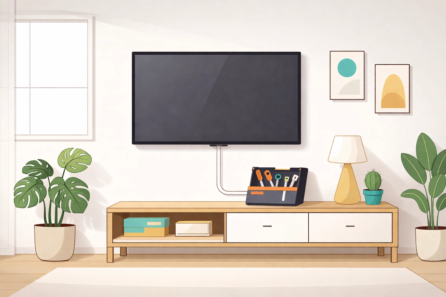 Mounted flat-screen TV in a stylish Vancouver living room, representing local TV mounting service costs