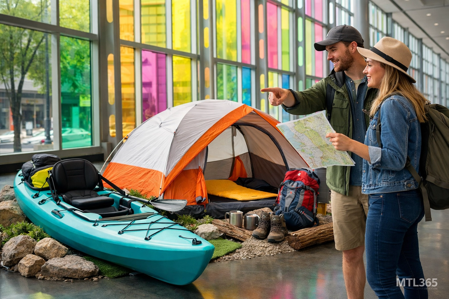 Summer camping gear and kayaks on display at the Outdoor Adventure Show in Montreal’s Palais des Congrès.