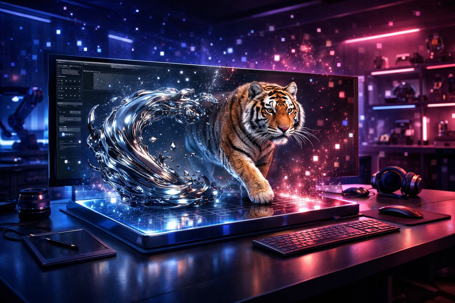 A futuristic digital creator studio illustrating AI-powered video generation and holographic design.