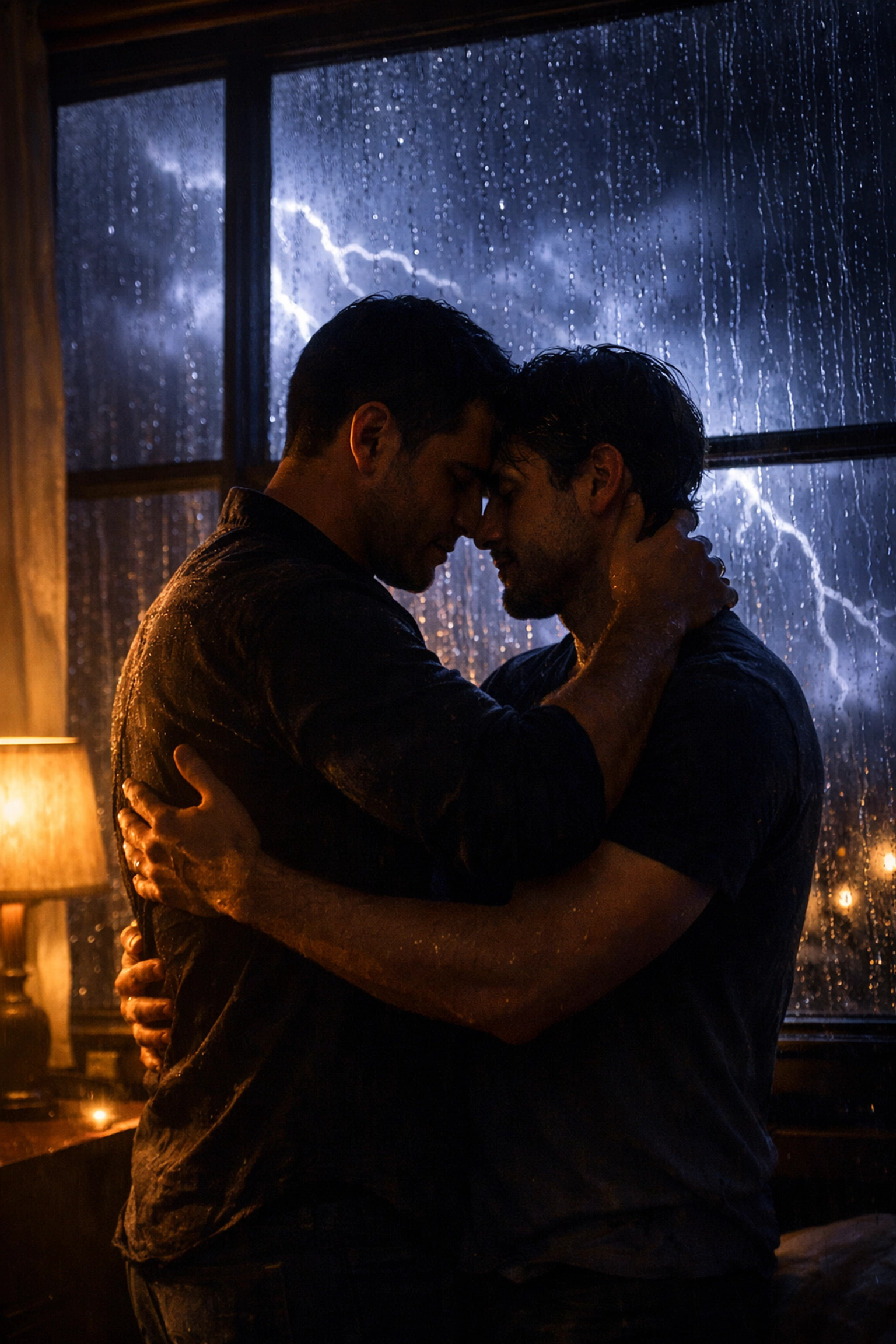 MM romance protective embrace: Two men find comfort in each other during thunderstorm