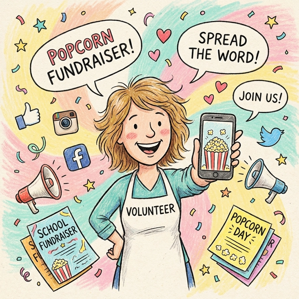 Cheerful parent volunteer promoting gourmet popcorn fundraising snacks through social media and flyers with playful energy.