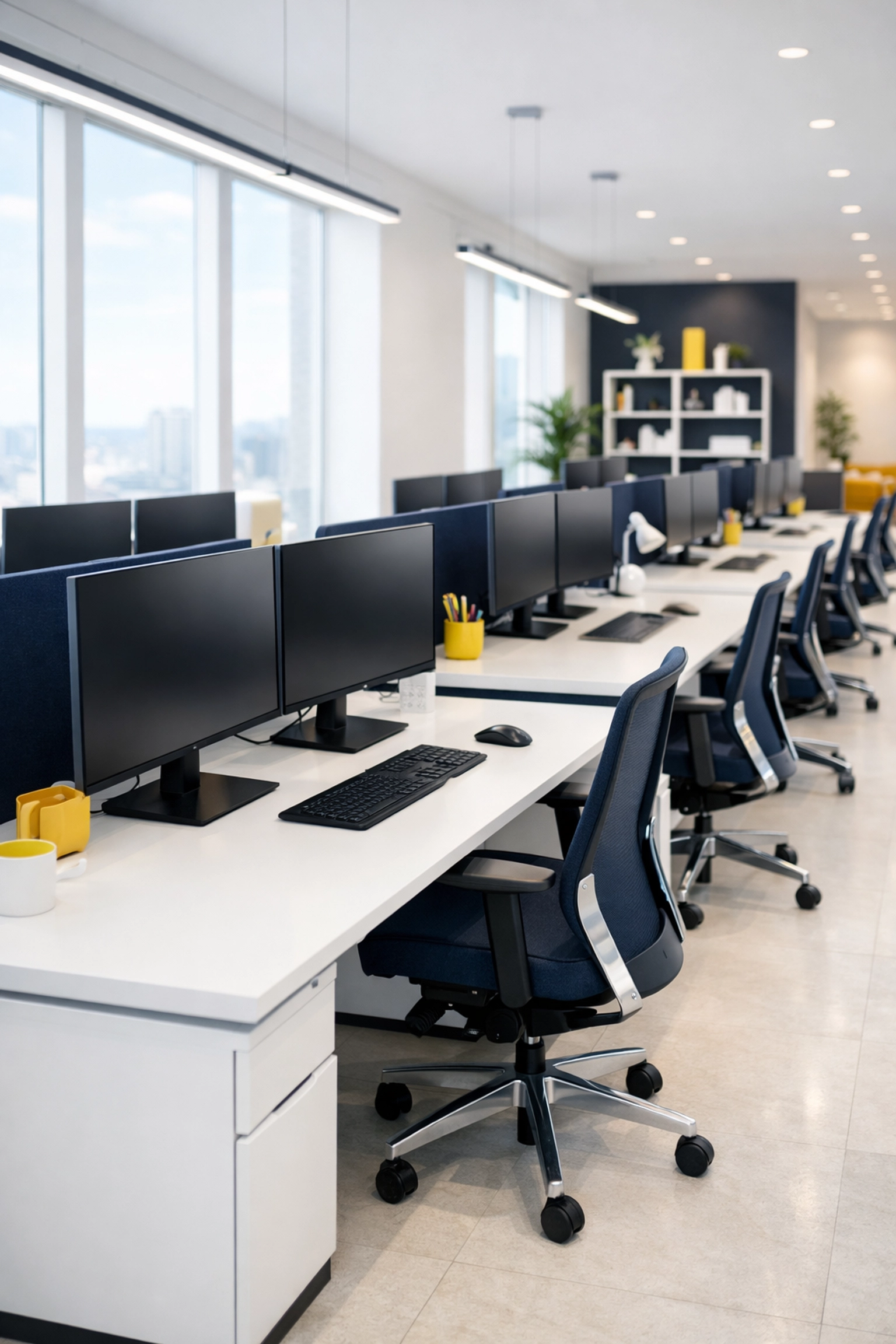 Modern hybrid office workstations with clean desks and dual monitors in a professional corporate setting.
