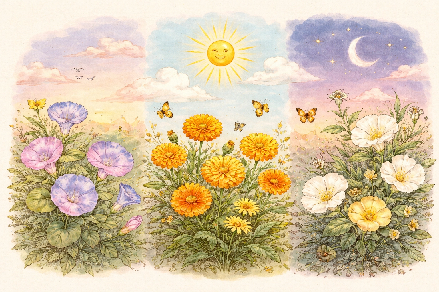 Illustration showing different flowers opening from morning to night, perfect for a family clock garden project