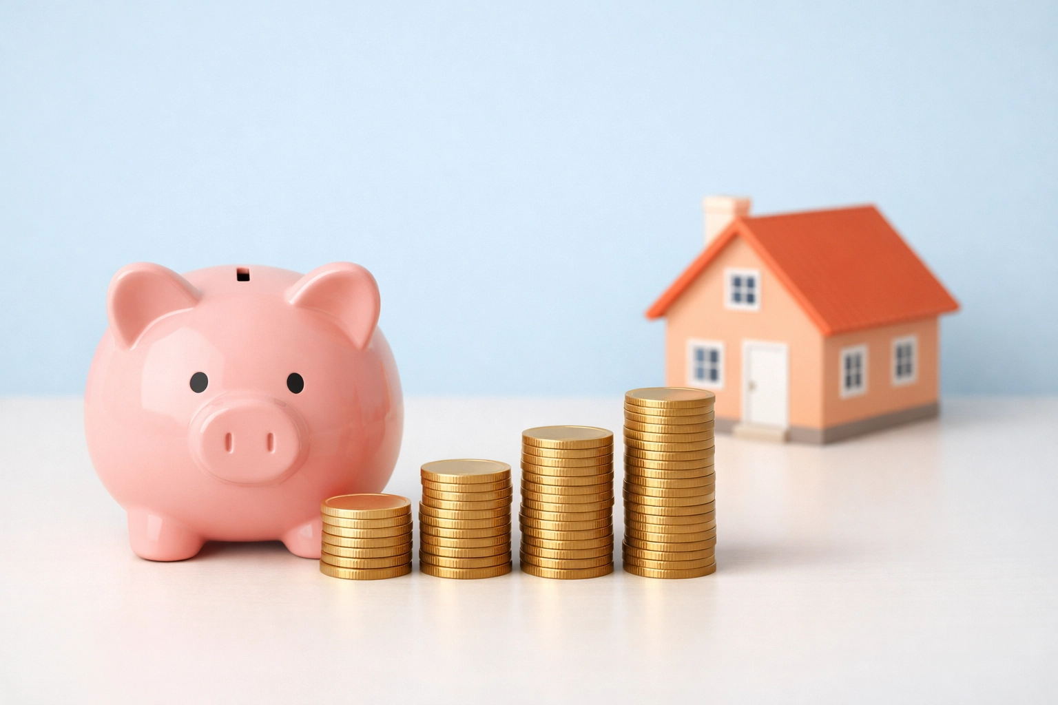 Ahorro para pago inicial de casa con alcancía y monedas