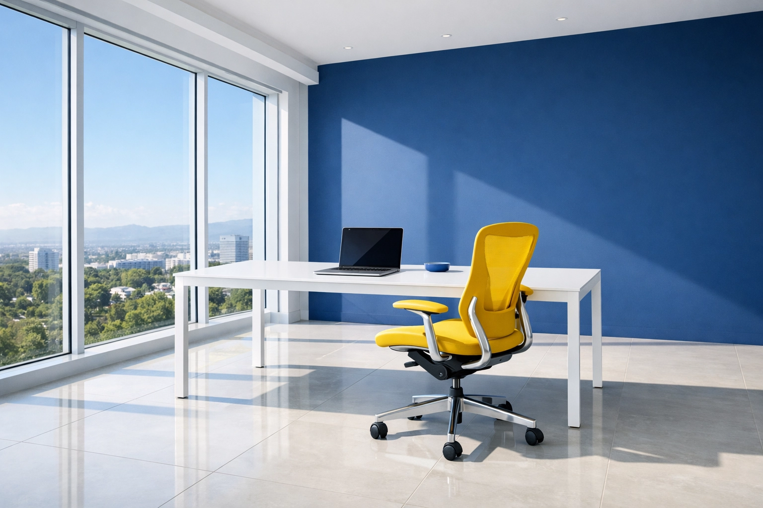 Minimalist home office with a white desk and yellow chair showing how house cleaning improves focus and productivity.