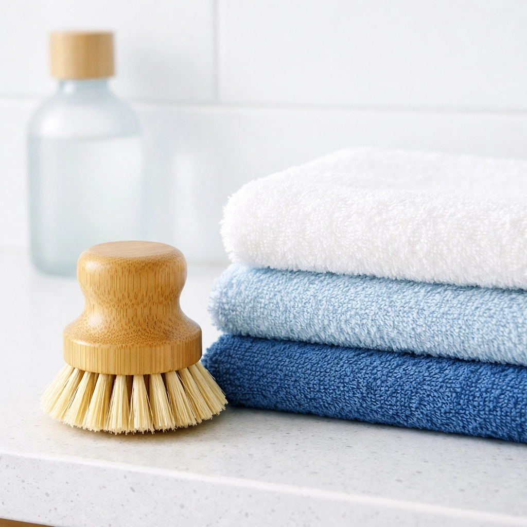 Sustainable house cleaning tools including a bamboo brush and glass spray bottles.