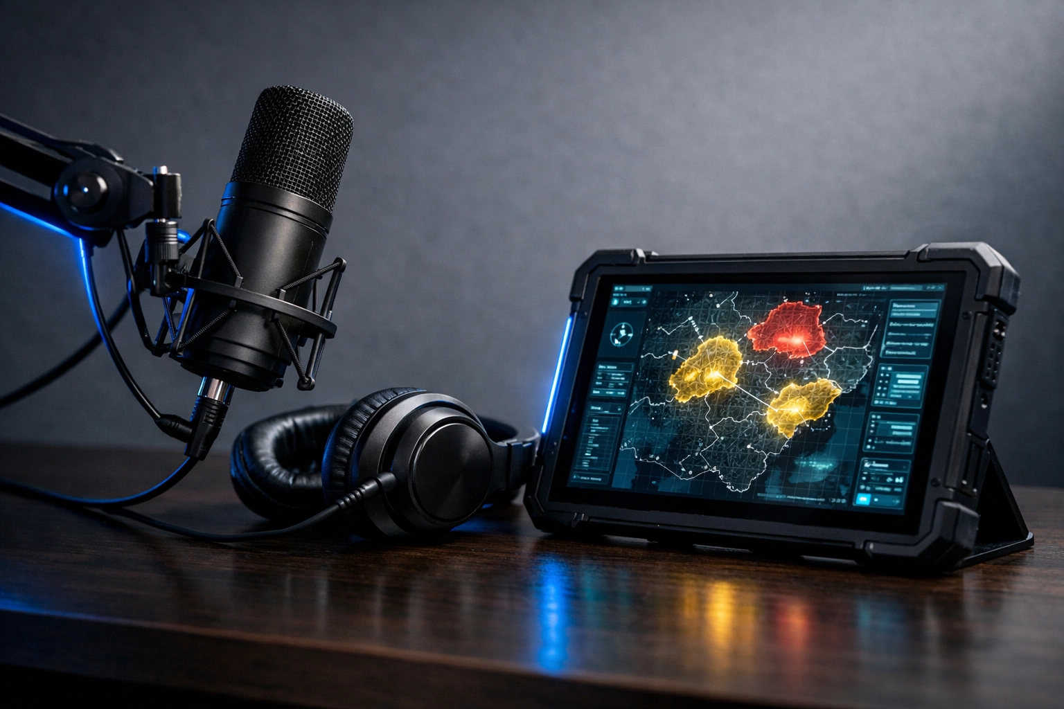 Professional podcast gear and a tactical map for the Mission Commander financial strategy briefing.