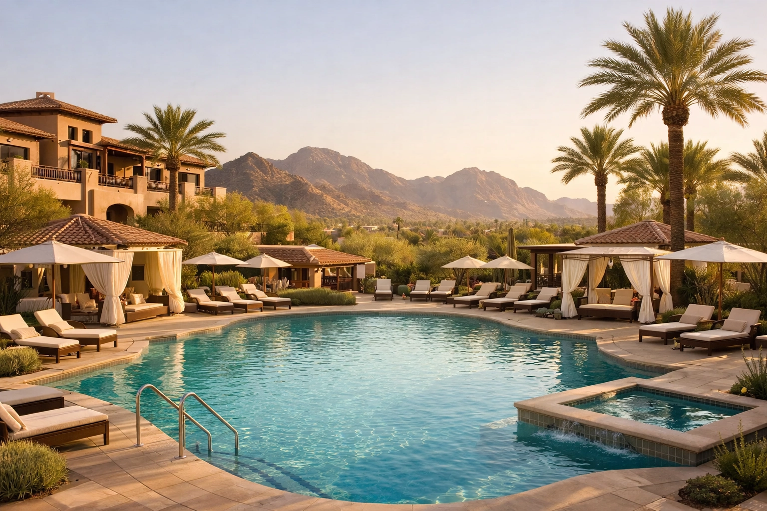 Luxury Phoenix resort poolside view with upscale desert architecture and mountain scenery.