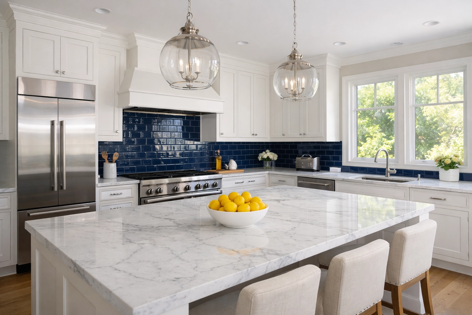 Professional deep cleaning Lincoln services transform a luxury kitchen with spotless marble countertops and white cabinets.