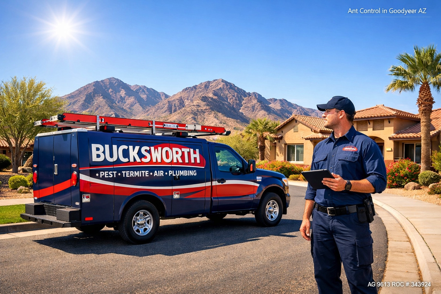 Bucksworth Home Services truck parked in a Goodyear neighborhood for expert local ant control.