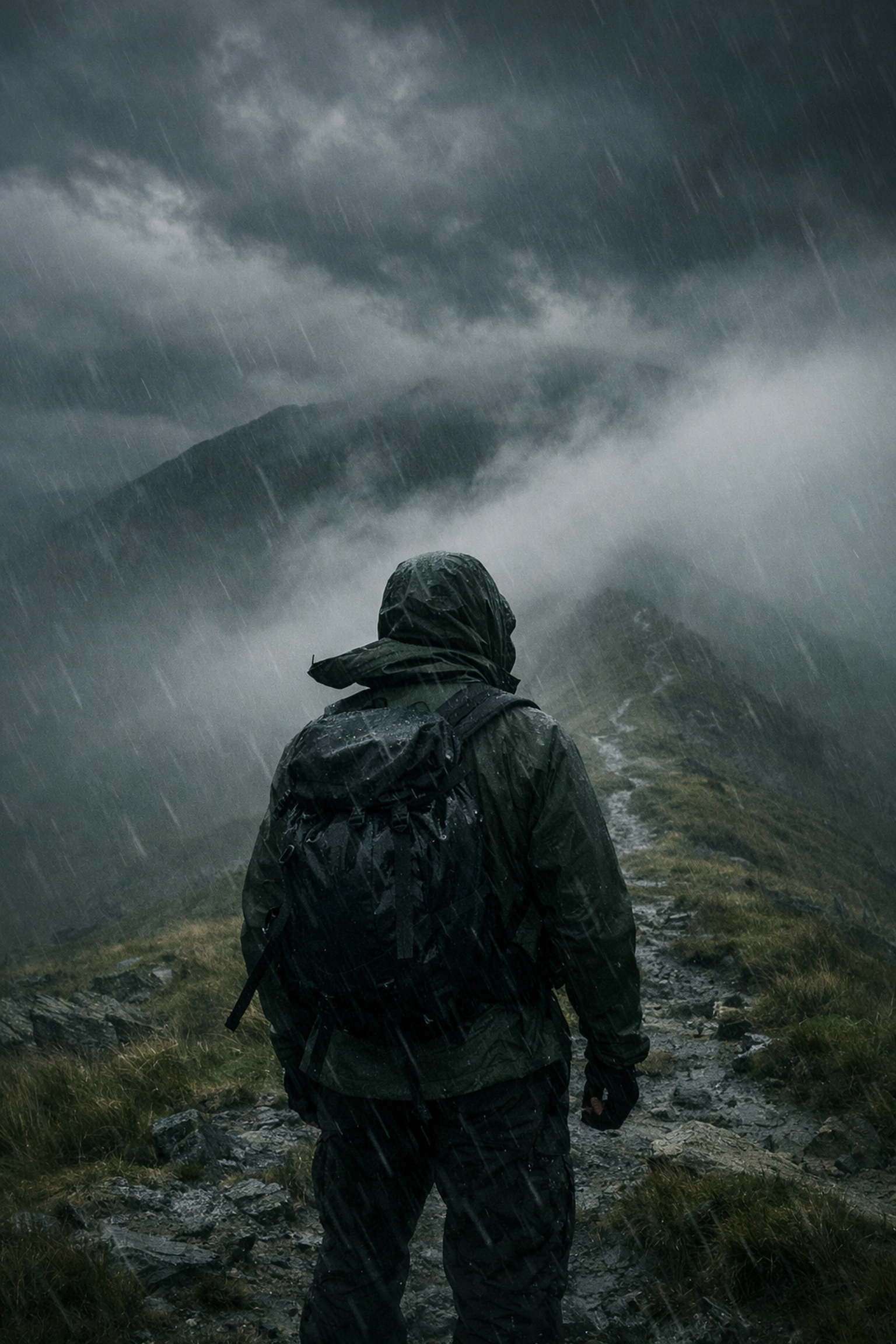 Hiker facing harsh weather conditions on UK mountain trail during guided tour